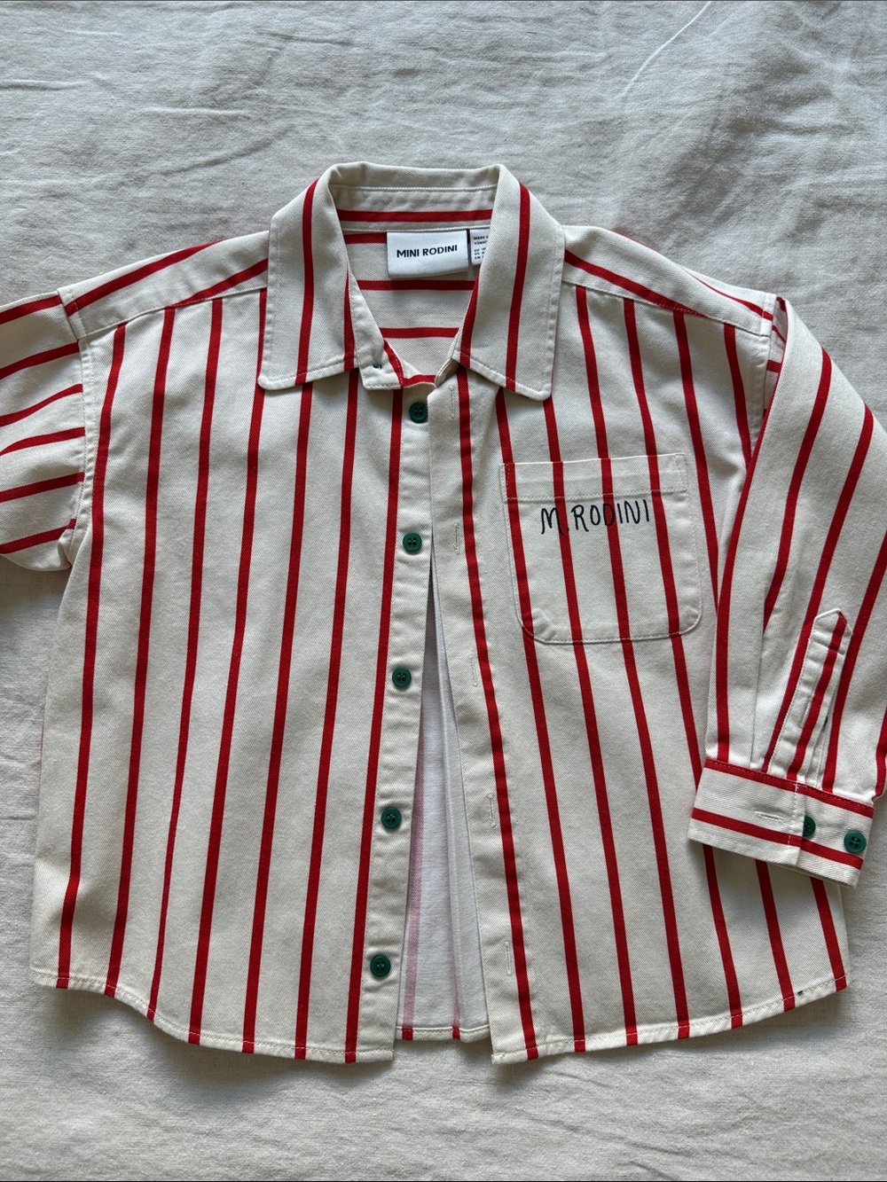 Kids Mini Rodini Cream and Red Vertical Stripe Button-Down Shirt Size 3-5 Years